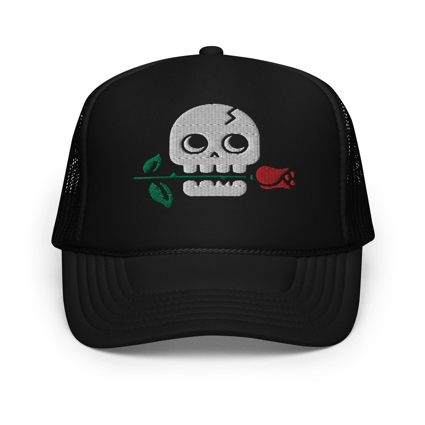 Vintage Skull Rose Trucker Hat, Embroidered Floral Cap, Retro Women's Baseball Cap, Adjustable