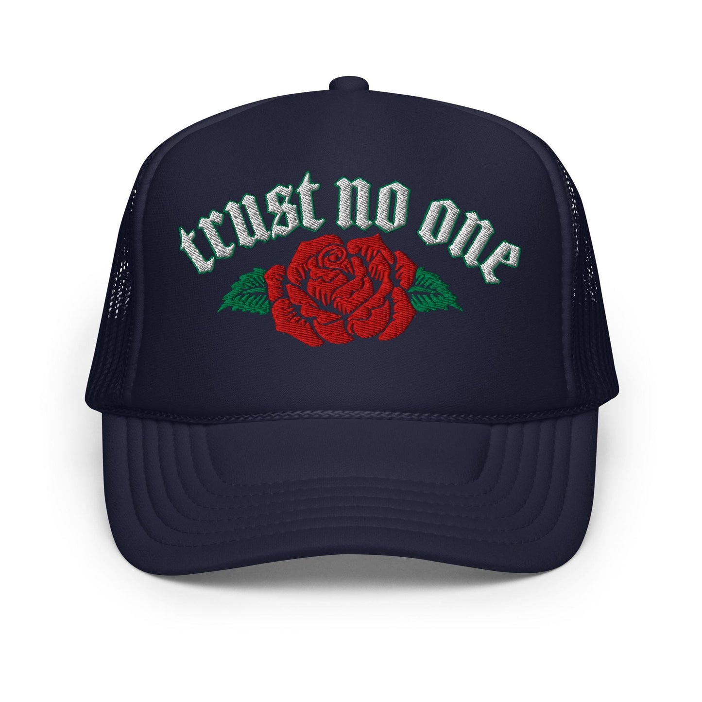 Trust No One Rose Foam Trucker Hat, Edgy Urban Cap, Bold Graphic Design, Street Style Headwear, Unique Statement Piece