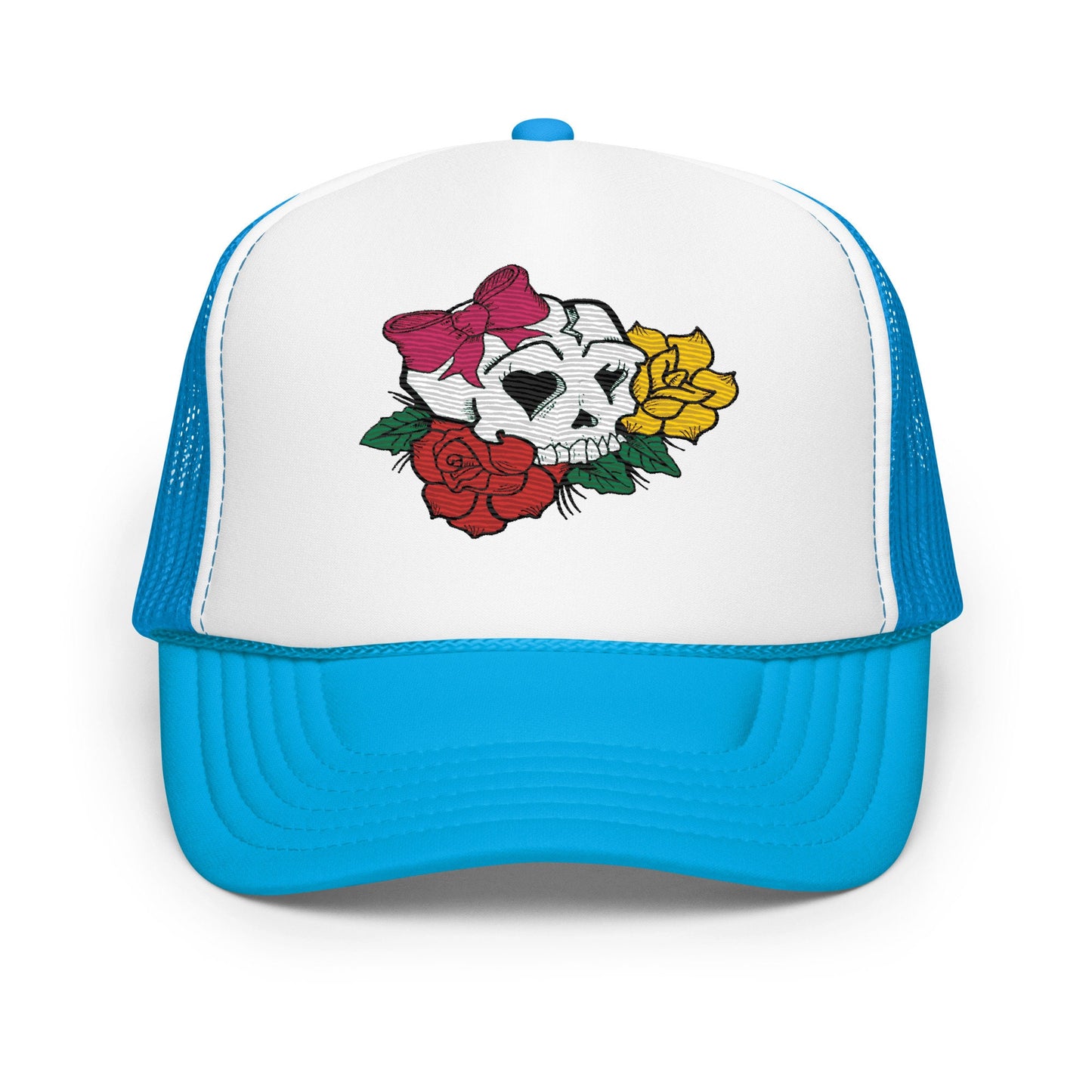 Embroidered Trucker Hat with Girly Skull Flowers, Women's Floral Cap, Stylish Snapback, Unique Design, Gift for Her