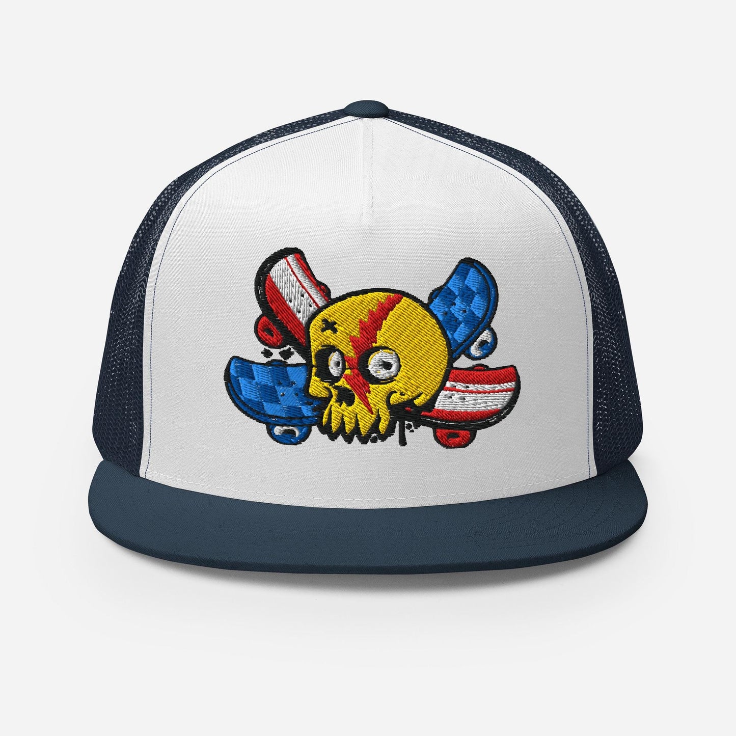 Skull and Cross Skateboard Trucker Hat, Graphic Snapback Cap, Cool Skateboarder Gift, Skull Print, Unique Hat