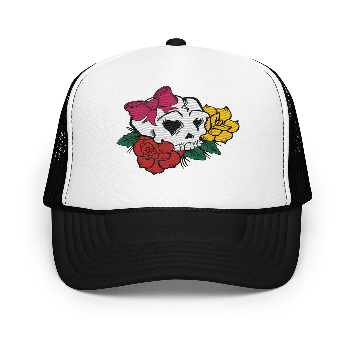 Embroidered Trucker Hat with Girly Skull Flowers, Women's Floral Cap, Stylish Snapback, Unique Design, Gift for Her