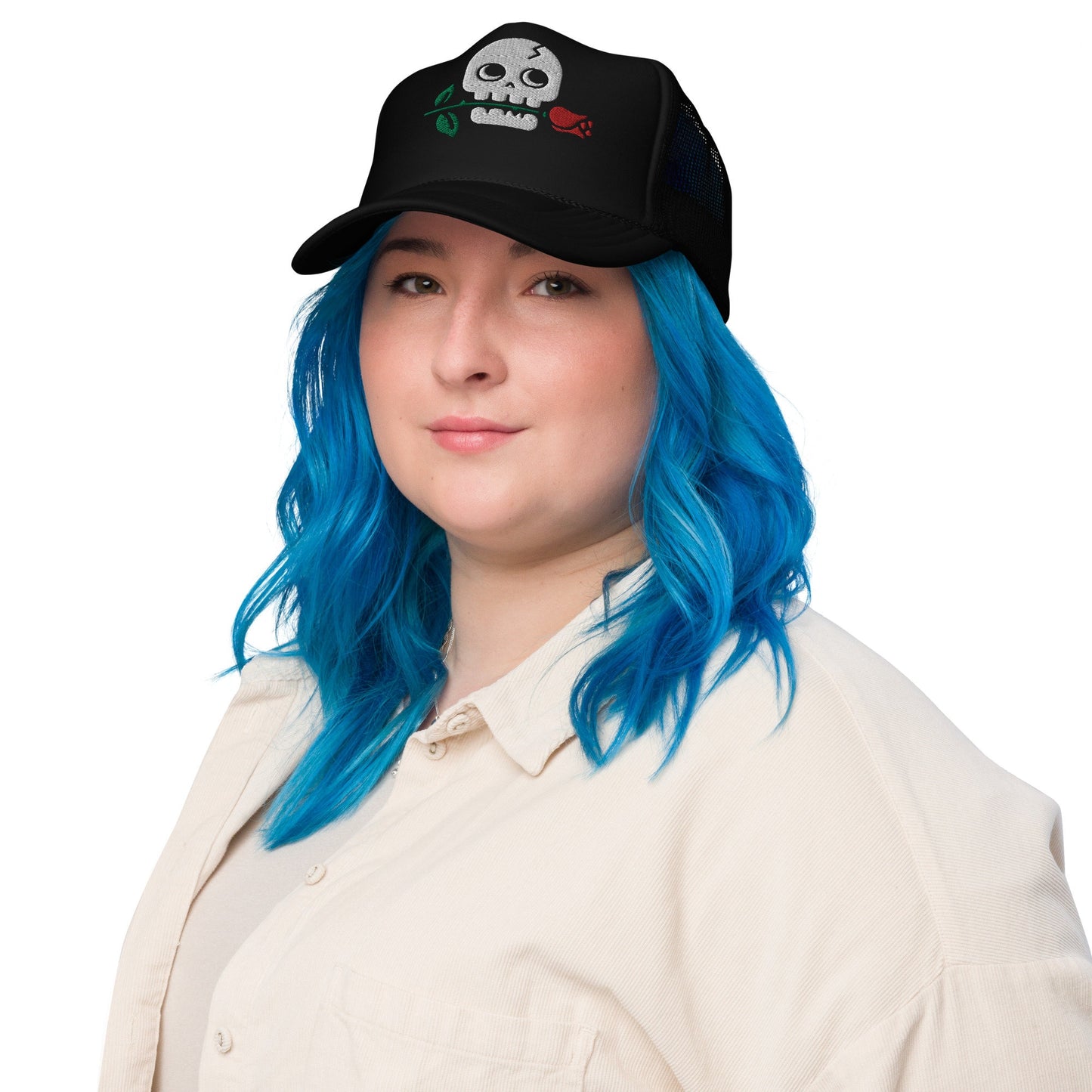Vintage Skull Rose Trucker Hat, Embroidered Floral Cap, Retro Women's Baseball Cap, Adjustable