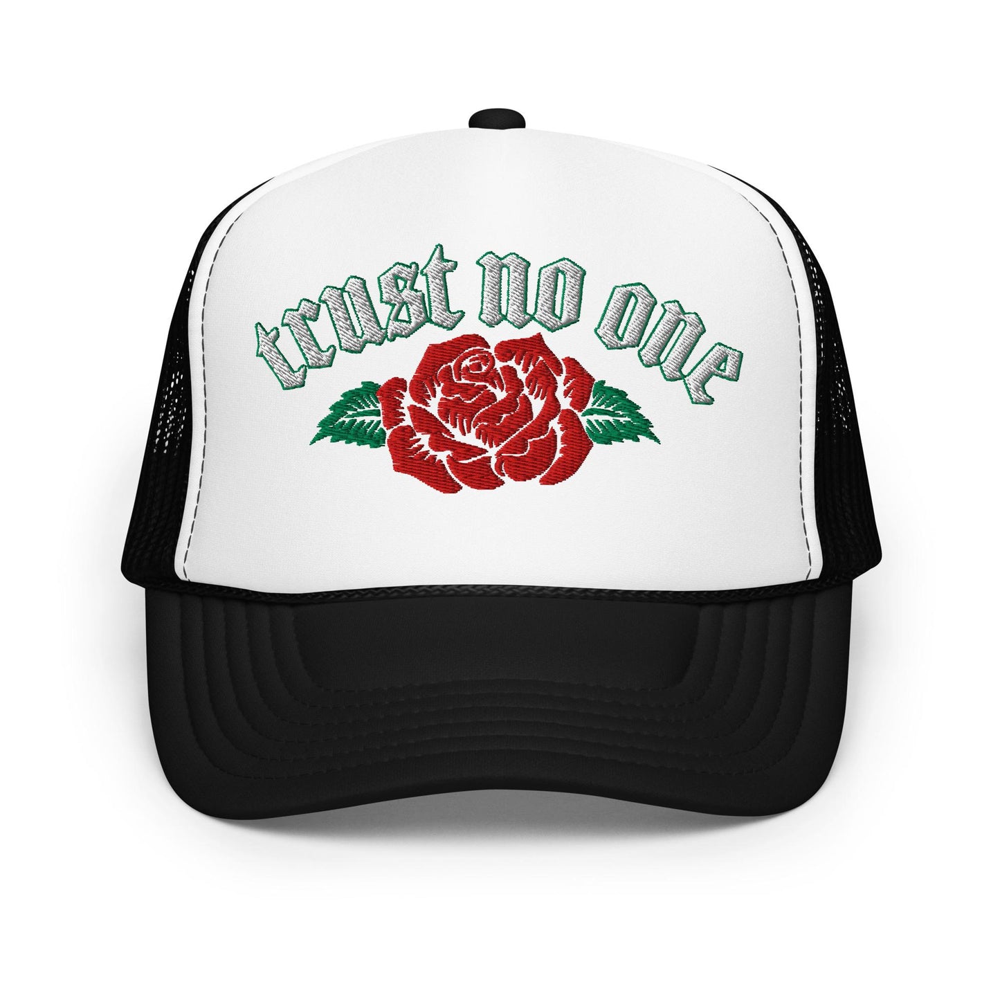 Trust No One Rose Foam Trucker Hat, Edgy Urban Cap, Bold Graphic Design, Street Style Headwear, Unique Statement Piece