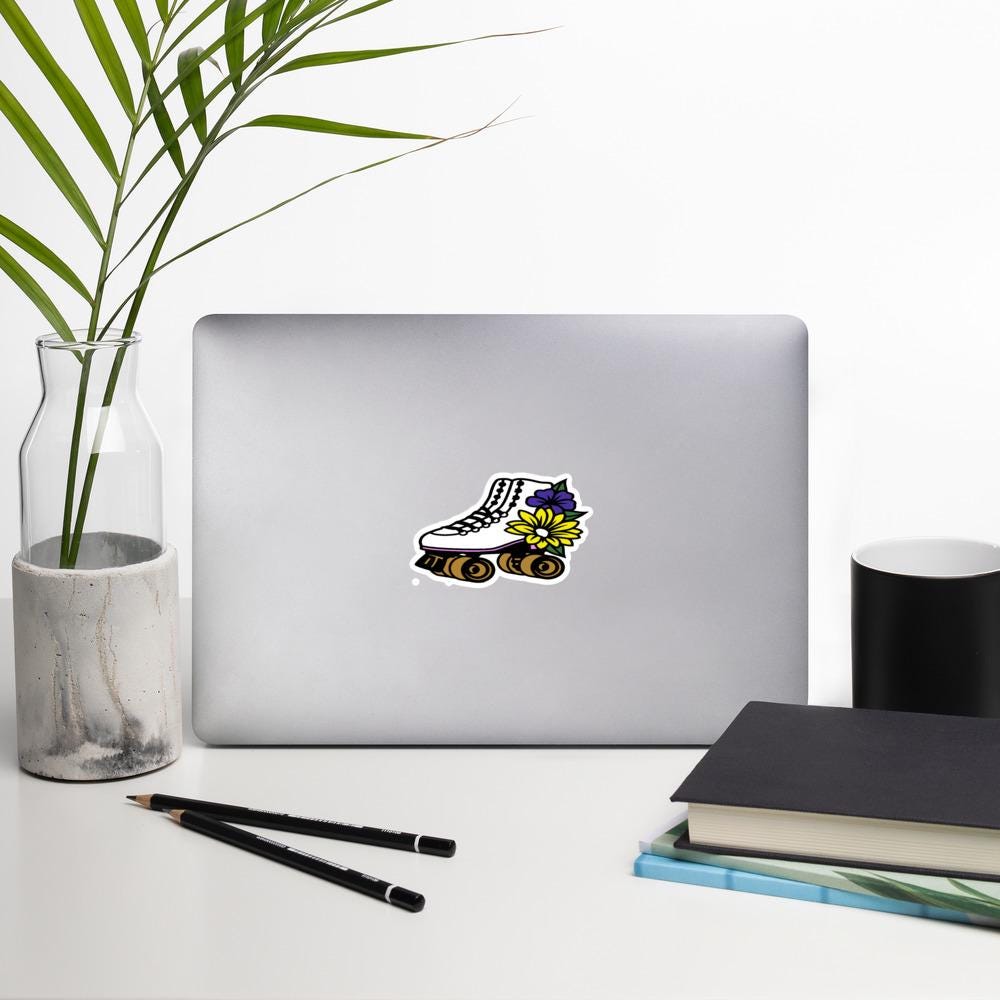 Roller Skate Sticker, Flower Sticker, Skater Decor, Floral Roller Skate Design, Cute Sticker, Sticker for Laptop