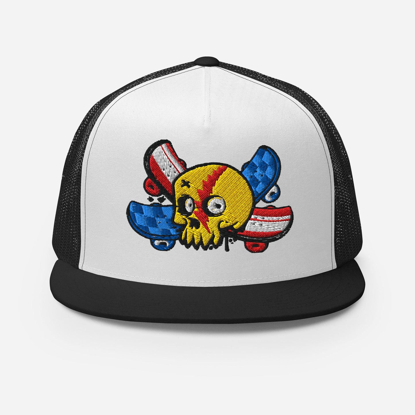 Skull and Cross Skateboard Trucker Hat, Graphic Snapback Cap, Cool Skateboarder Gift, Skull Print, Unique Hat