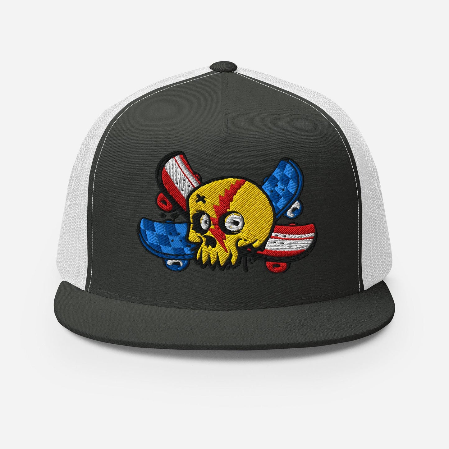 Skull and Cross Skateboard Trucker Hat, Graphic Snapback Cap, Cool Skateboarder Gift, Skull Print, Unique Hat