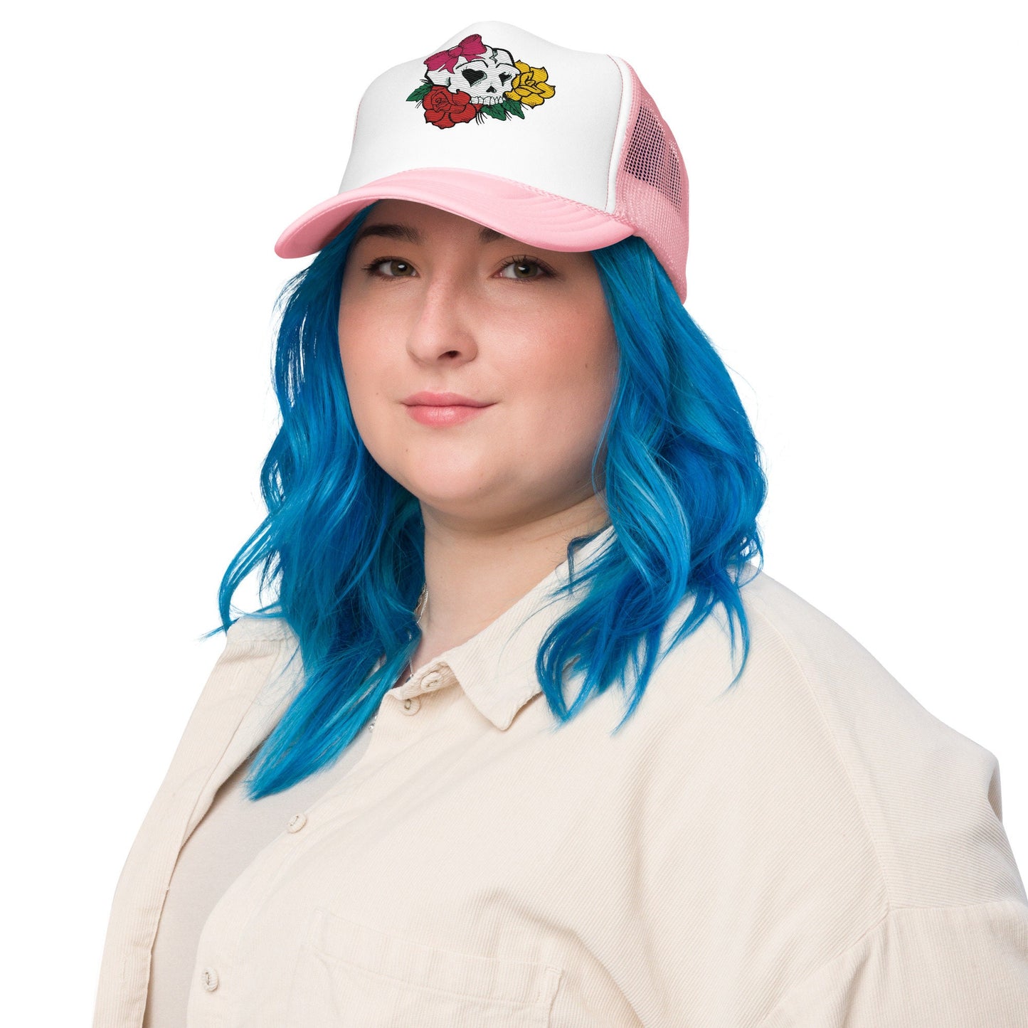 Embroidered Trucker Hat with Girly Skull Flowers, Women's Floral Cap, Stylish Snapback, Unique Design, Gift for Her