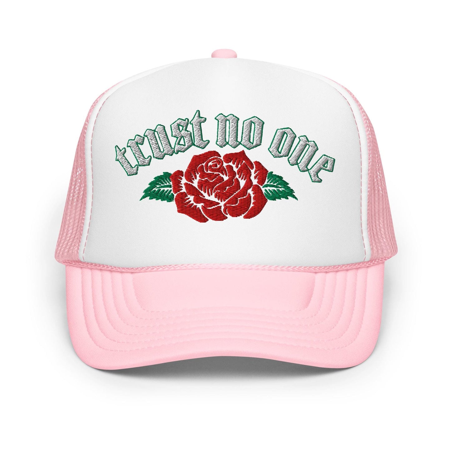 Trust No One Rose Foam Trucker Hat, Edgy Urban Cap, Bold Graphic Design, Street Style Headwear, Unique Statement Piece