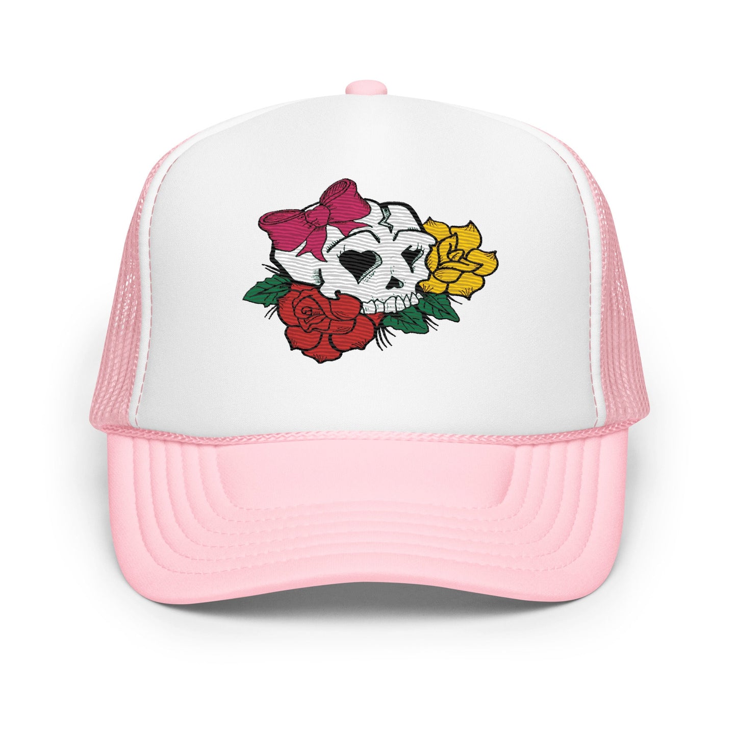 Embroidered Trucker Hat with Girly Skull Flowers, Women's Floral Cap, Stylish Snapback, Unique Design, Gift for Her