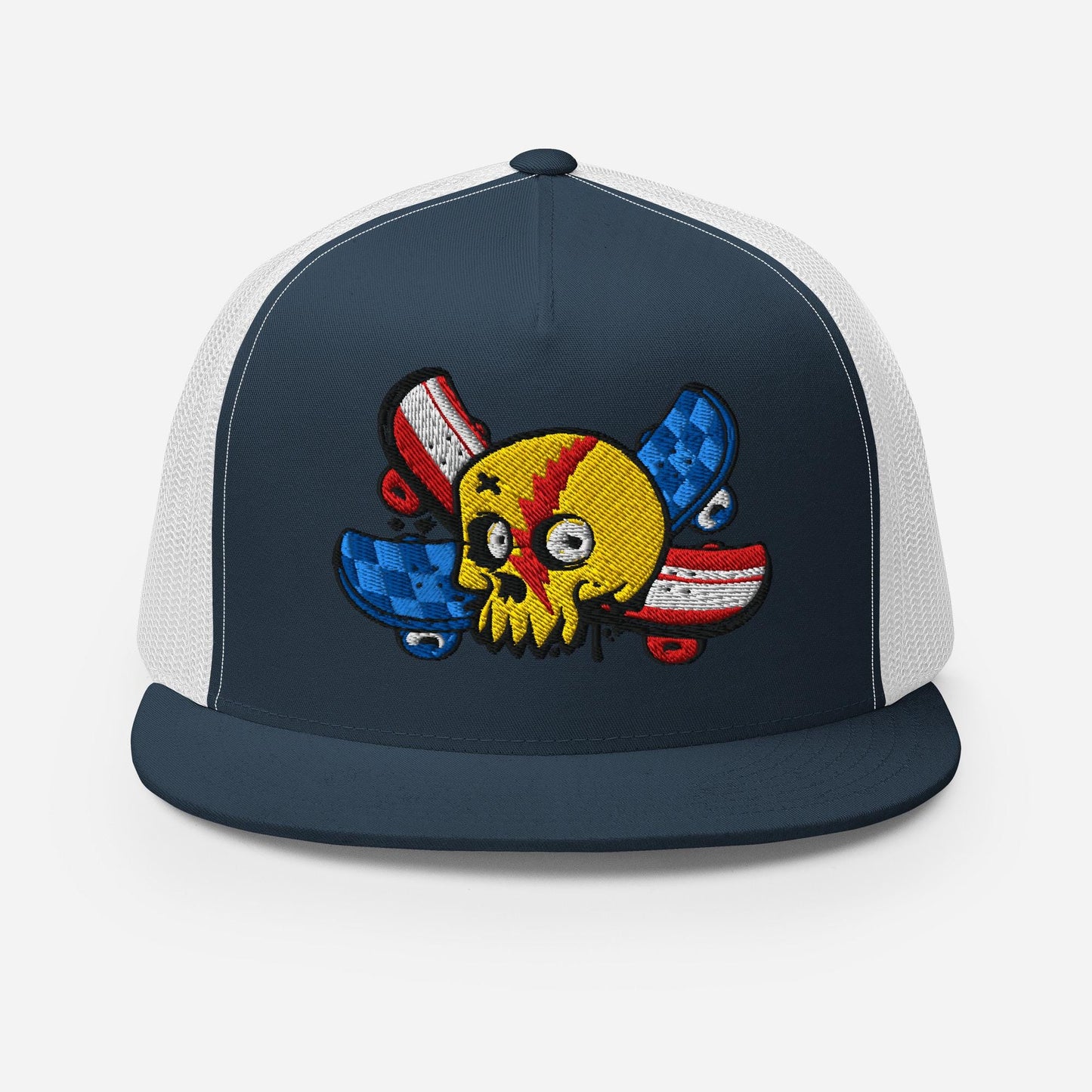 Skull and Cross Skateboard Trucker Hat, Graphic Snapback Cap, Cool Skateboarder Gift, Skull Print, Unique Hat