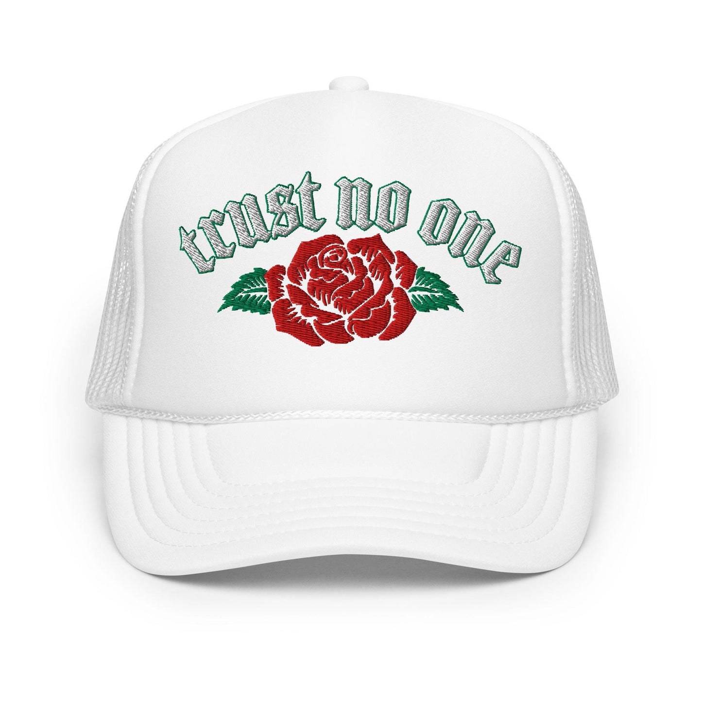 Trust No One Rose Foam Trucker Hat, Edgy Urban Cap, Bold Graphic Design, Street Style Headwear, Unique Statement Piece
