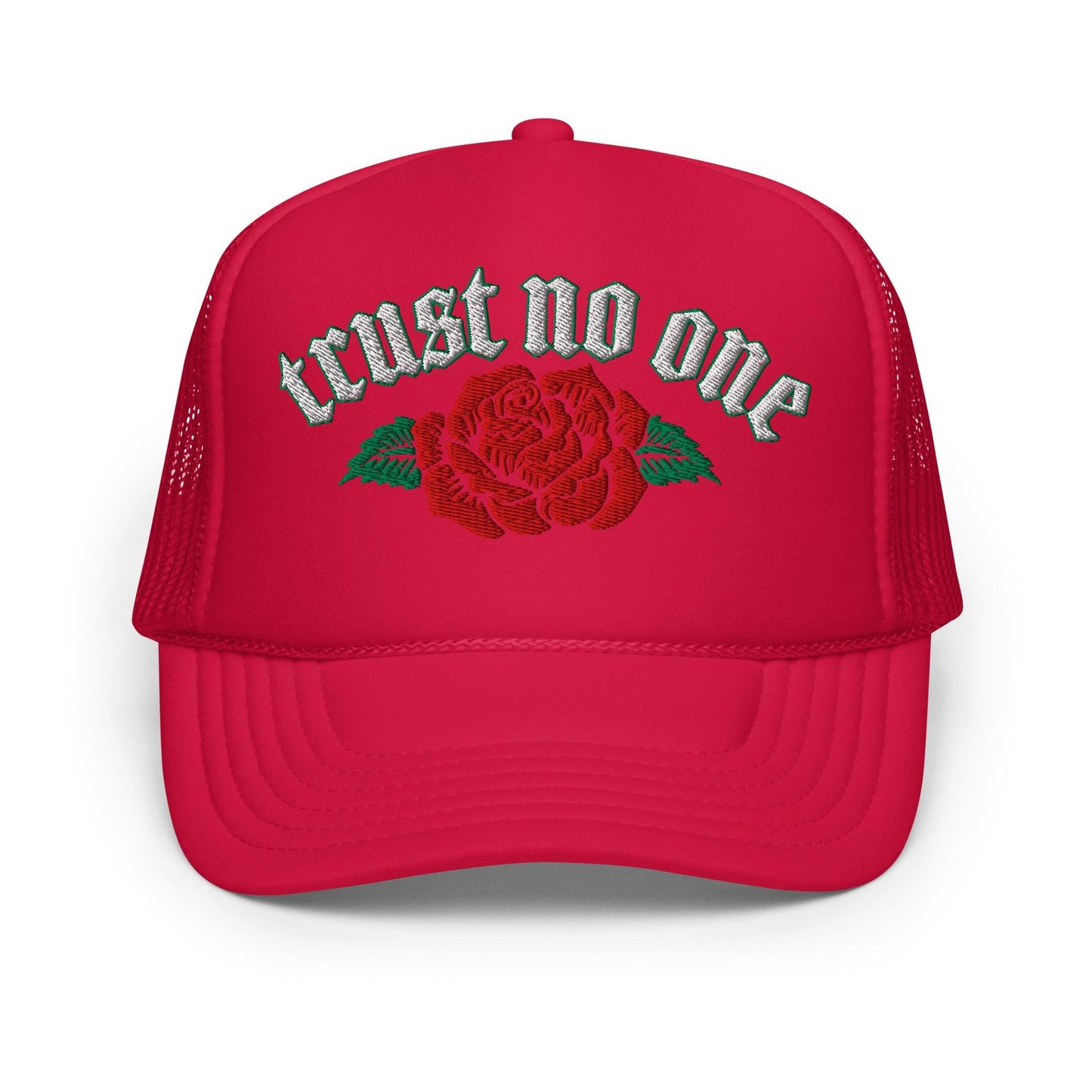 Trust No One Rose Foam Trucker Hat, Edgy Urban Cap, Bold Graphic Design, Street Style Headwear, Unique Statement Piece