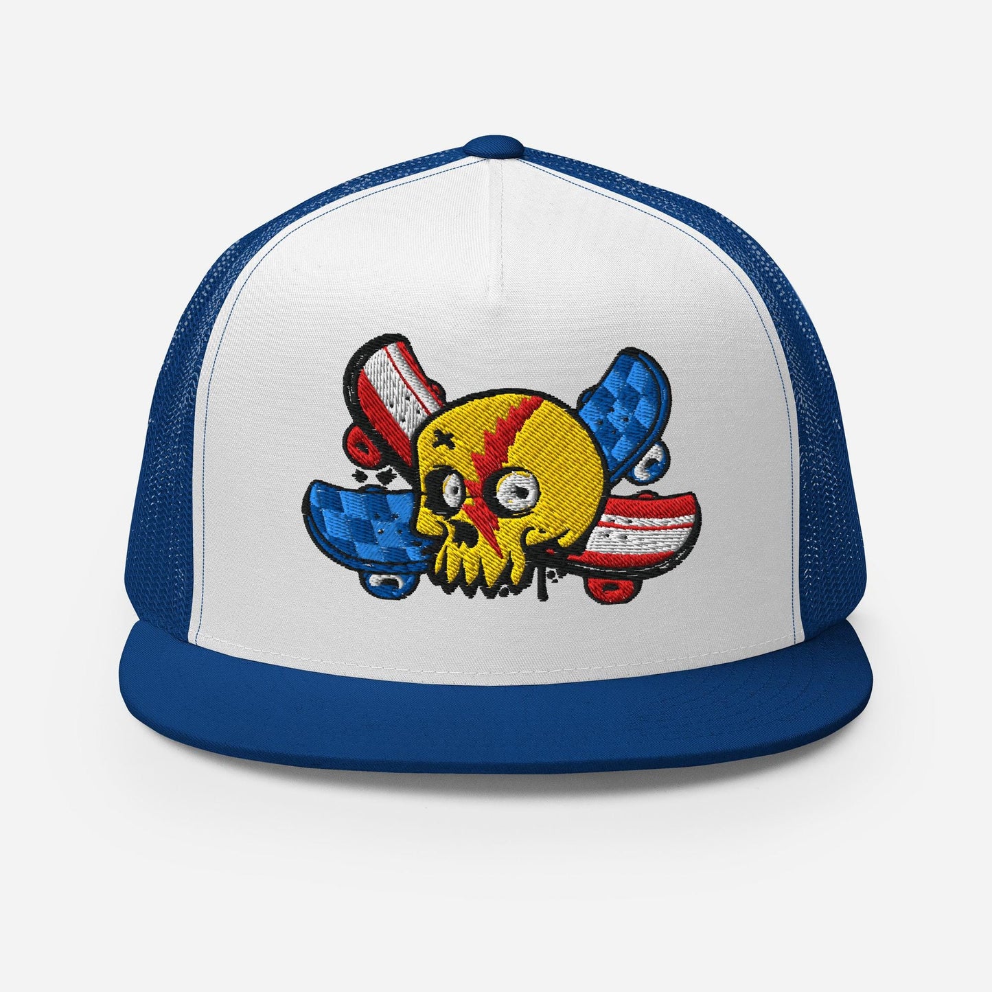 Skull and Cross Skateboard Trucker Hat, Graphic Snapback Cap, Cool Skateboarder Gift, Skull Print, Unique Hat
