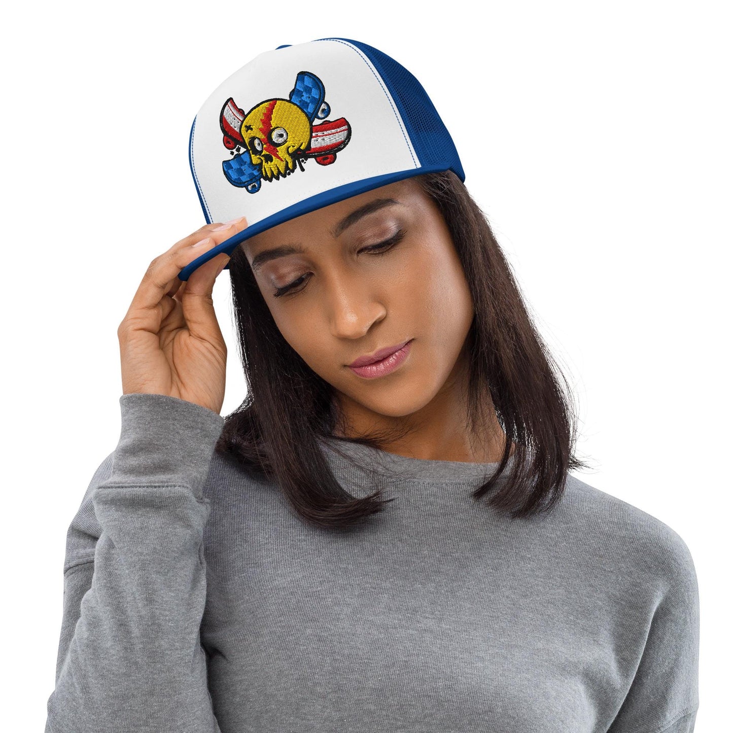 Skull and Cross Skateboard Trucker Hat, Graphic Snapback Cap, Cool Skateboarder Gift, Skull Print, Unique Hat