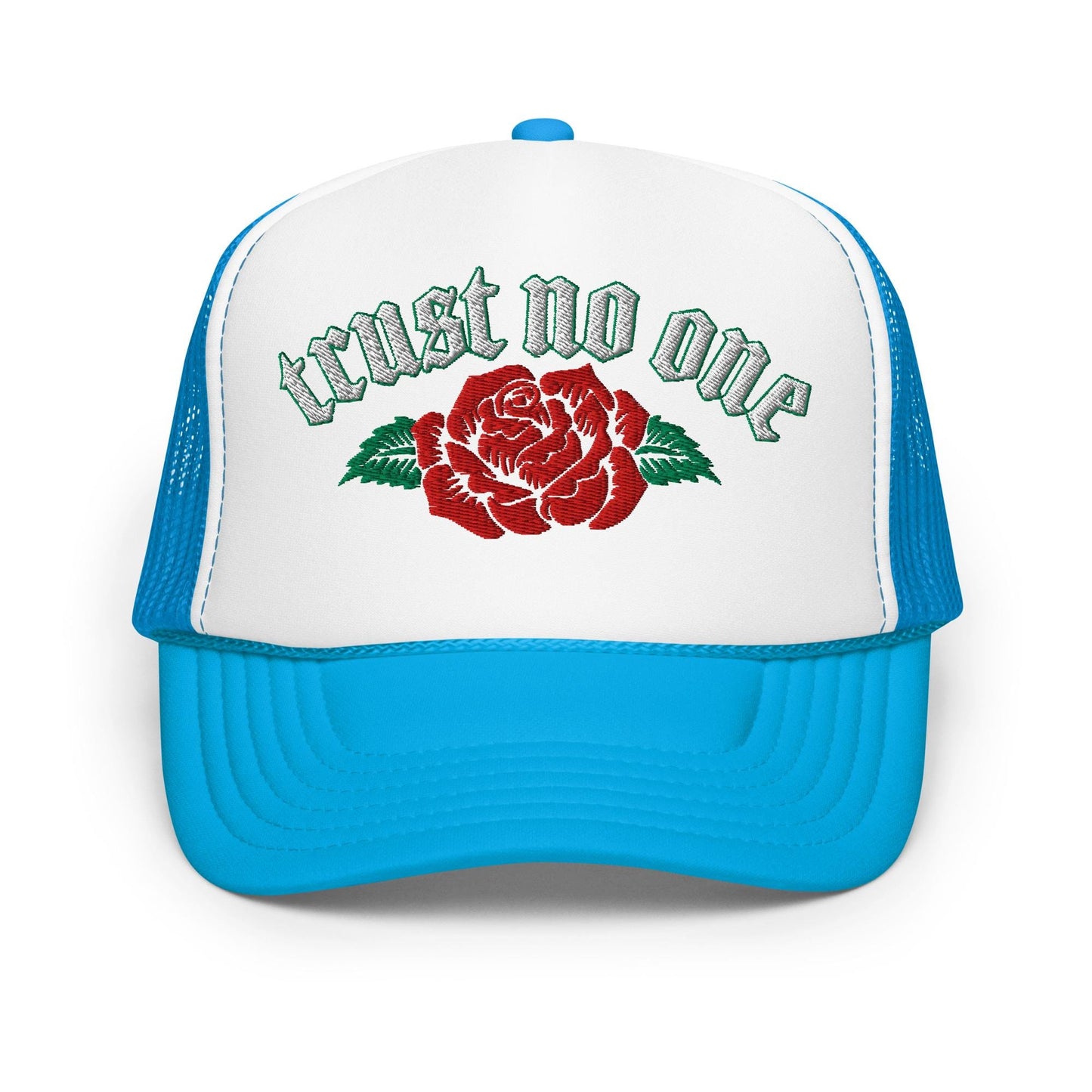 Trust No One Rose Foam Trucker Hat, Edgy Urban Cap, Bold Graphic Design, Street Style Headwear, Unique Statement Piece