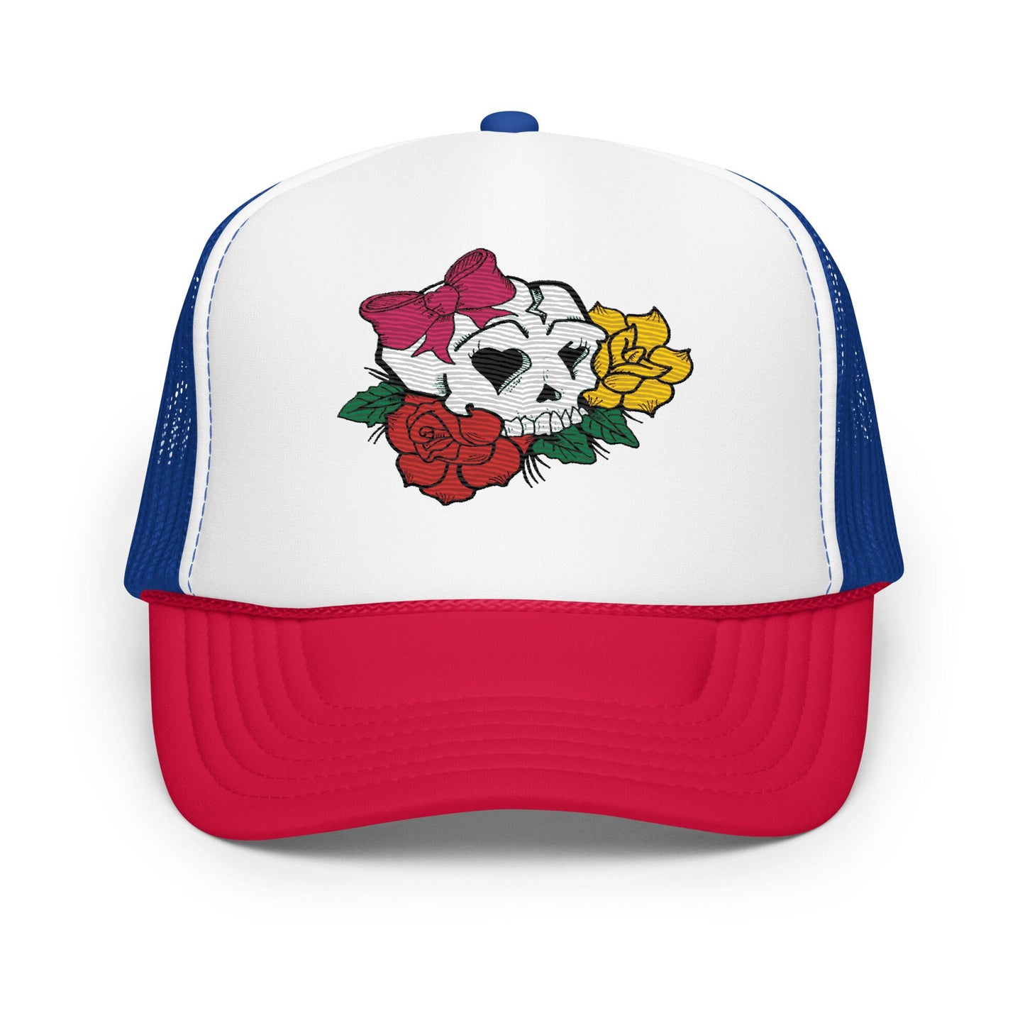 Embroidered Trucker Hat with Girly Skull Flowers, Women's Floral Cap, Stylish Snapback, Unique Design, Gift for Her