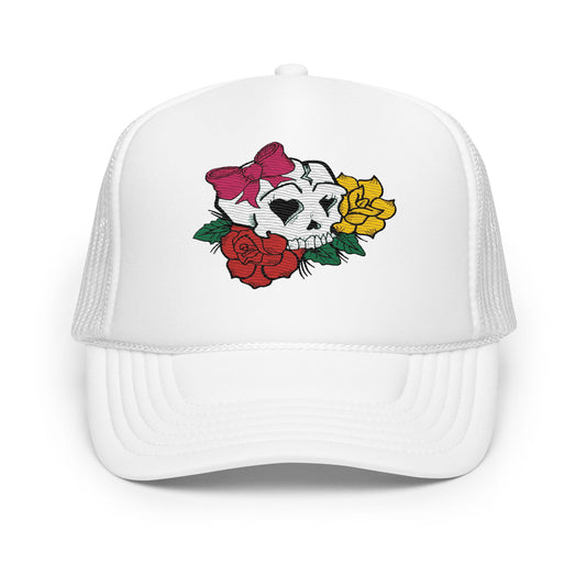 Embroidered Trucker Hat with Girly Skull Flowers, Women's Floral Cap, Stylish Snapback, Unique Design, Gift for Her