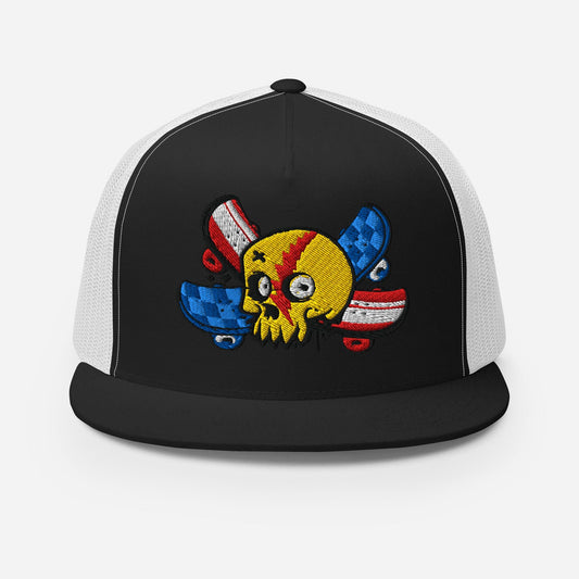 Skull and Cross Skateboard Trucker Hat, Graphic Snapback Cap, Cool Skateboarder Gift, Skull Print, Unique Hat