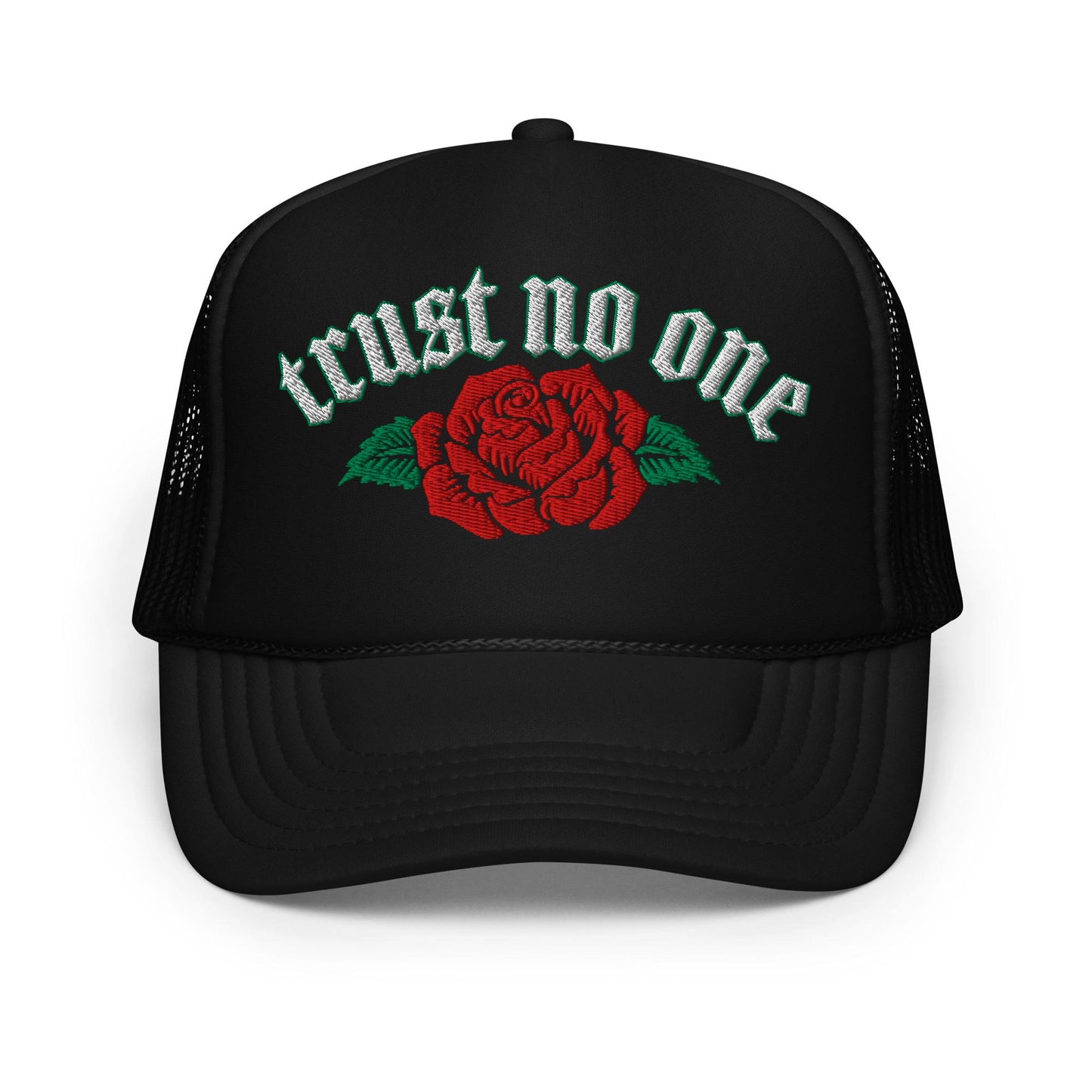 Trust No One Rose Foam Trucker Hat, Edgy Urban Cap, Bold Graphic Design, Street Style Headwear, Unique Statement Piece
