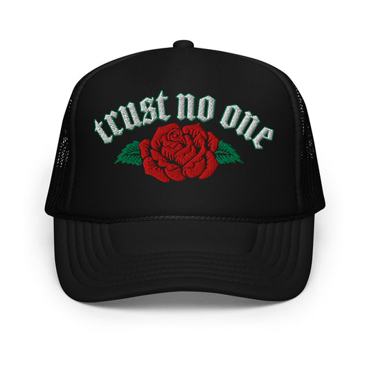 Trust No One Rose Foam Trucker Hat, Edgy Urban Cap, Bold Graphic Design, Street Style Headwear, Unique Statement Piece