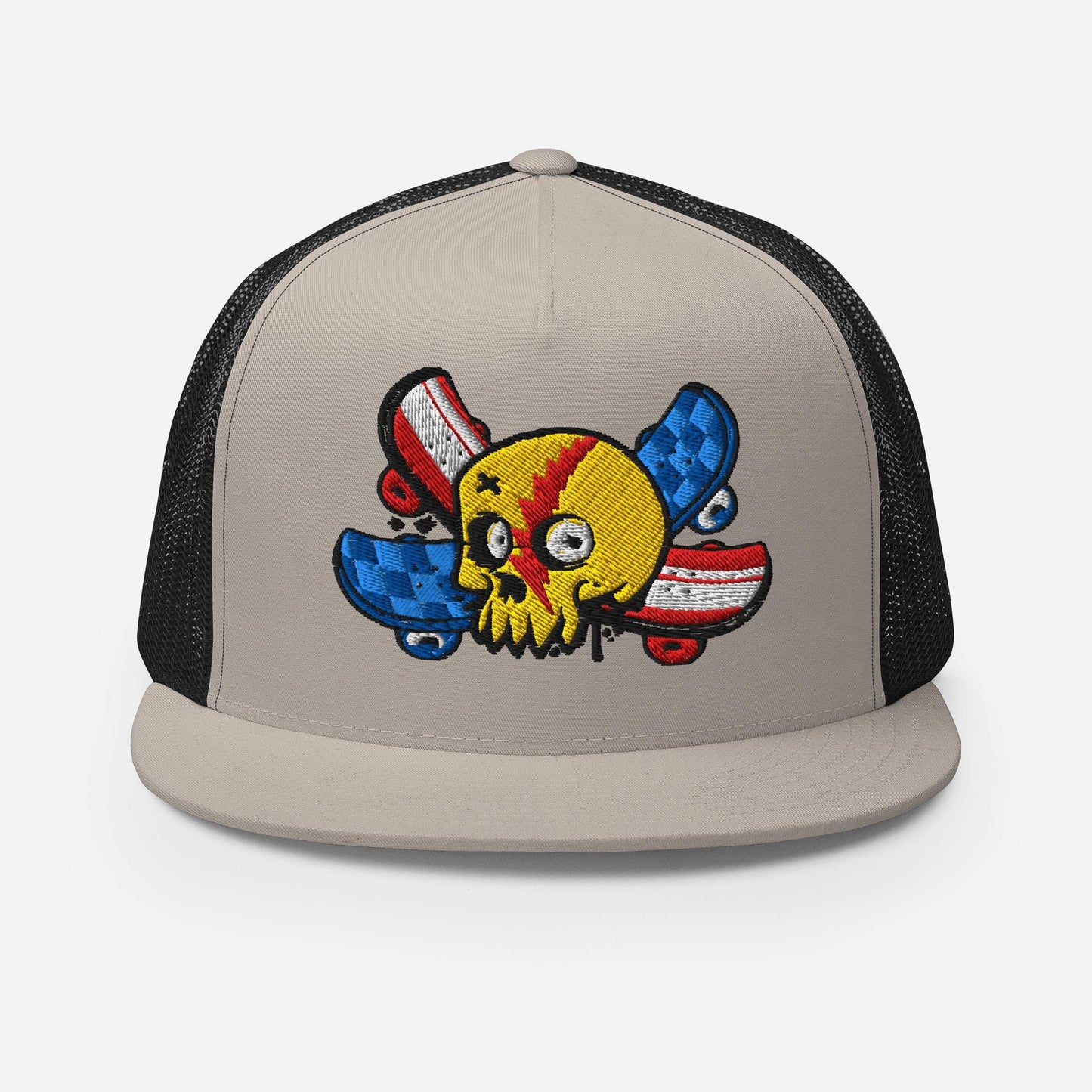 Skull and Cross Skateboard Trucker Hat, Graphic Snapback Cap, Cool Skateboarder Gift, Skull Print, Unique Hat
