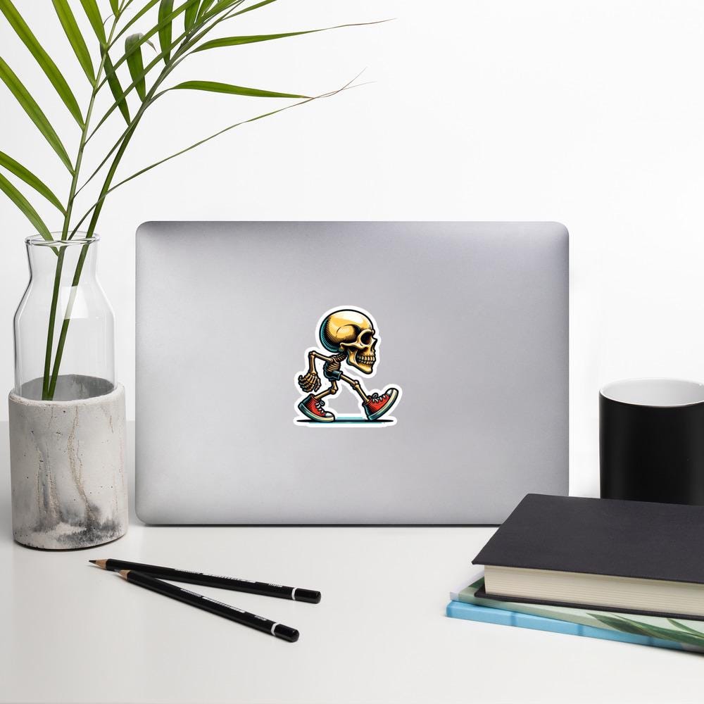Walking Skull Sticker, Skull Decal, Walking Skull Art, Unique Vinyl Sticker, Halloween Sticker, Skull Gift