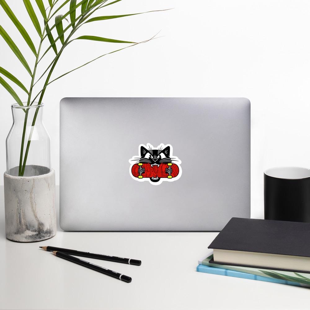 Black Cat Skateboard Sticker, Skateboard Decor, Cool Cat Decal, Vinyl Sticker, Cat Lover Gift, Skateboarding Sticker