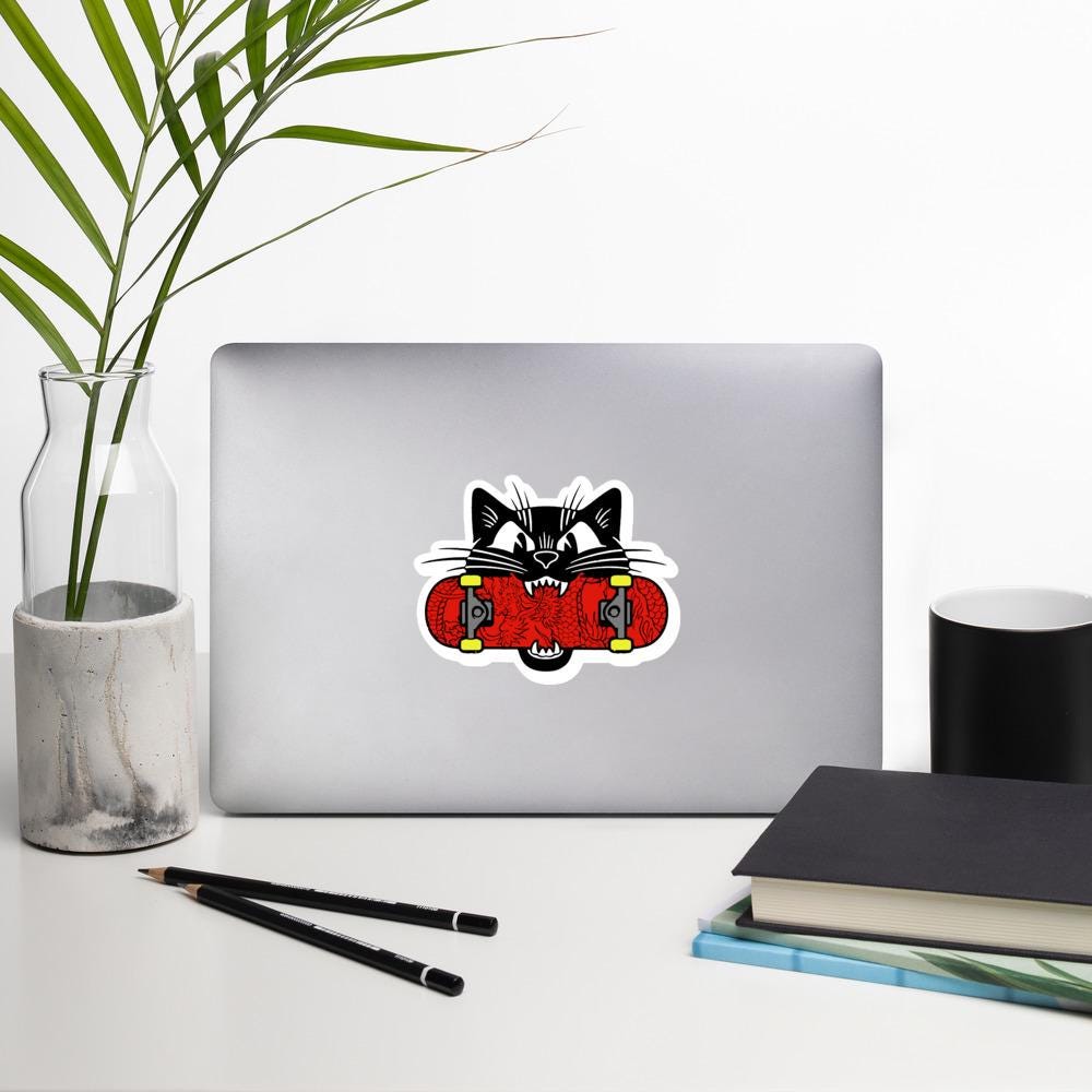 Black Cat Skateboard Sticker, Skateboard Decor, Cool Cat Decal, Vinyl Sticker, Cat Lover Gift, Skateboarding Sticker