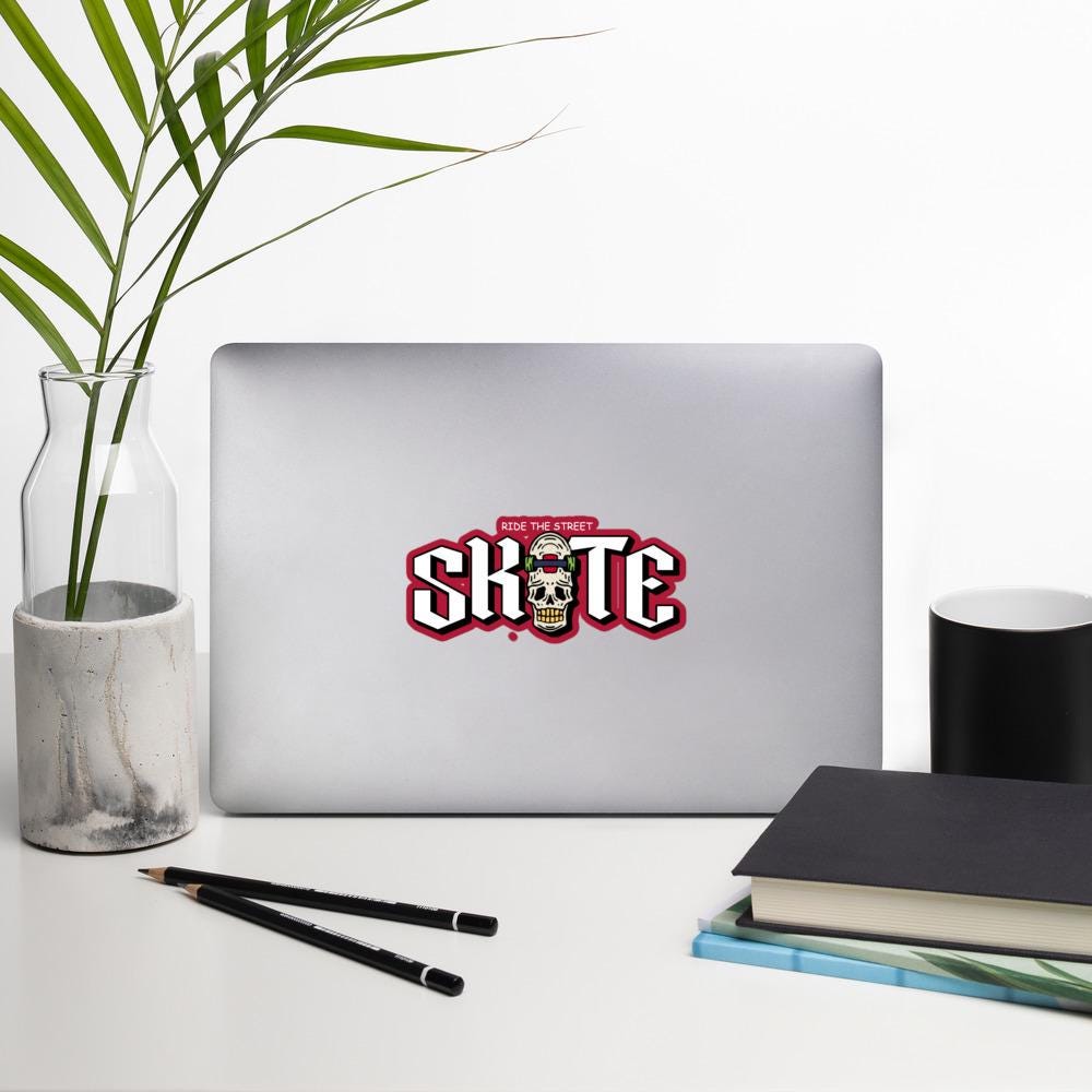 Skateboard Skull Sticker, Skull Decal, Skateboarding Stickers, Gift for Skater, Skater Decor, Laptop Decal