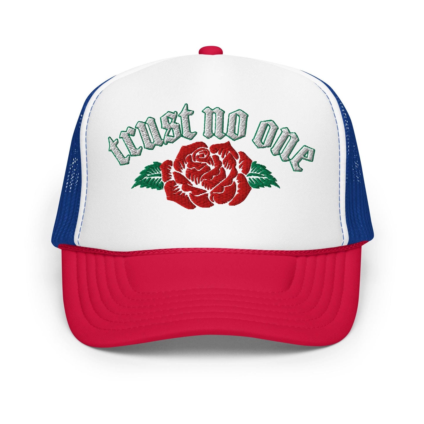 Trust No One Rose Foam Trucker Hat, Edgy Urban Cap, Bold Graphic Design, Street Style Headwear, Unique Statement Piece